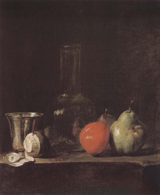 Jean Baptiste Simeon Chardin Silver wine bottle lemon apple pear